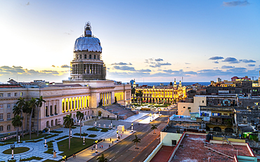 Aerial view the Gran Teatro de La Habana and El Capitolio at dusk, UNESCO World Heritage Site, Havana, Cuba, West Indies, Caribbean, Central America