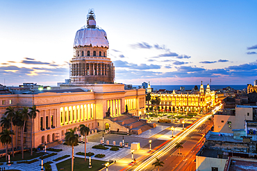 Aerial view the Gran Teatro de La Habana and El Capitolio at dusk, UNESCO World Heritage Site, Havana, Cuba, West Indies, Caribbean, Central America