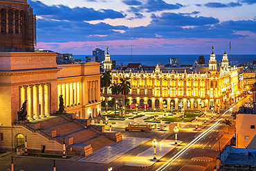 Aerial view the Gran Teatro de La Habana and El Capitolio at dusk, UNESCO World Heritage Site, Havana, Cuba, West Indies, Caribbean, Central America