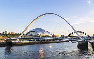 The Millennium Bridge, Tyne Bridge and Sage Gateshead Arts Centre, Newcastle-upon-Tyne, Tyne and Wear, England, United Kingdom, Europe