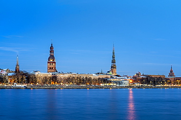 Riga's skyline at night in winter, Old Town, UNESCO World Heritage Site, Riga, Latvia, Europe