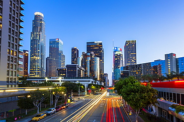 Downtown financial district of Los Angeles city at night, Los Angeles, California, United States of America, North America