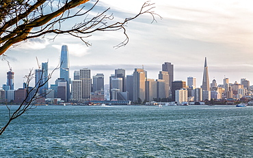 View of San Francisco skyline from Treasure Island at sunset, San Francisco, California, United States of America, North America