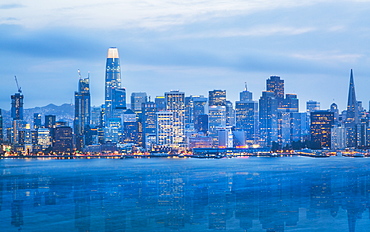 View of San Francisco skyline from Treasure Island at dusk, San Francisco, California, United States of America, North America