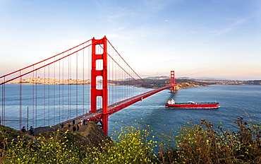 View of Golden Gate Bridge from Golden Gate Bridge Vista Point at sunset, San Francisco, California, United States of America, North America