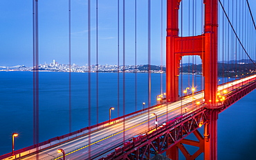 View of Golden Gate Bridge from Golden Gate Bridge Vista Point at dusk, San Francisco, California, United States of America, North America