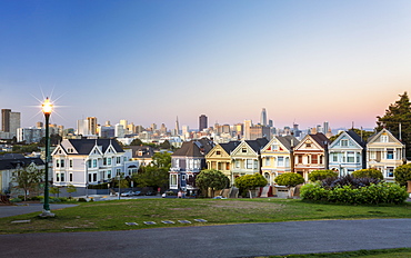 View of Painted Ladies at dusk, Victorian wooden houses, Alamo Square, San Francisco, California, United States of America, North America