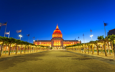 View of San Francisco City Hall illuminated at night, San Francisco, California, United States of America, North America