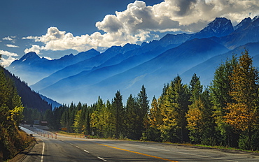 Scenic view of the mountains aligning the Trans Canada Highway in Glacier National Park, British Columbia, Canada, North America