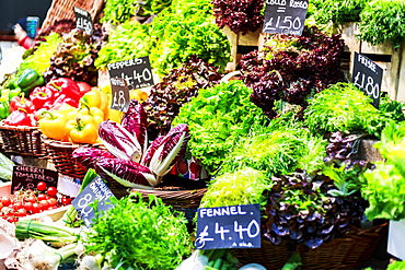 Fruit and vegetables on stall in Borough Market, Southwark, London, England, United Kingdom, Europe