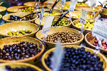 Olive stand in Borough Market, Southwark, London, England, United Kingdom, Europe