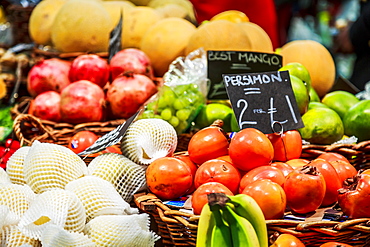 Fruit and vegetables on stall in Borough Market, Southwark, London, England, United Kingdom, Europe