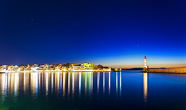 Panoramic view of The Venetian Harbour at night, Chania, Crete, Greek Islands, Greece, Europe