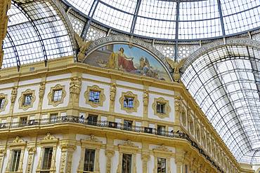 Architectural detail inside glass dome mall, Galleria Vittorio Emanuele II at Piazza del Duomo, Milan, Lombardy, Italy, Europe