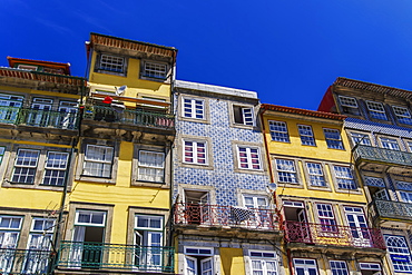 View of traditional buildings with balconies and azulejo tiles, Ribeira District, Porto, Portugal, Europe