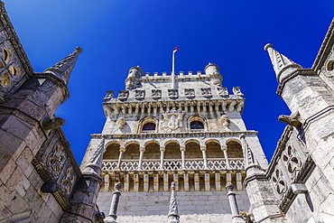 Fortified floors and terrace view of the Torre de Belem (Belem Tower), medieval defensive tower on the bank of Tagus River, UNESCO World Heritage Site, Belem, Lisbon, Portugal, Europe