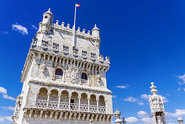 Fortified floors and terrace view of the Torre de Belem (Belem Tower), medieval defensive tower on the bank of Tagus River, UNESCO World Heritage Site, Belem, Lisbon, Portugal, Europe