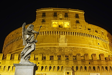 Castel Sant'Angelo facade at night with statue on Ponte Sant'Angelo, UNESCO World Heritage Site, Rome, Lazio, Italy, Europe