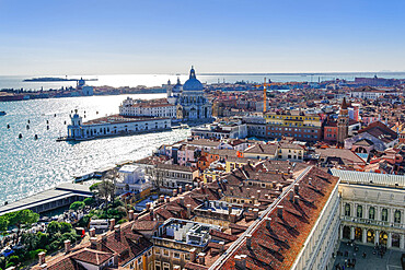 Dorsoduro with Punta della Dogana and Santa Maria della Salute at the Venetian lagoon, seen form St. Marks Campanile, Venice, UNESCO World Heritage Site, Veneto, Italy, Europe