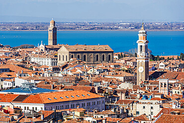 Rooftops panoramic day city north view with low rise buildings with red tiles, seen from St. Marks Campanile, Venice, UNESCO World Heritage Site, Veneto, Italy, Europe