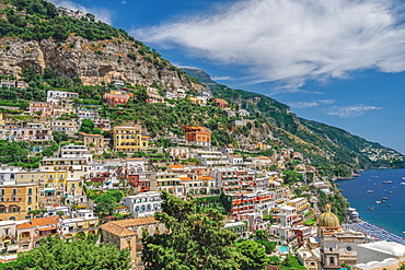 Sunny view of Positano low-rise buildings with church and cliffs, Positano, Costiera Amalfitana (Amalfi Coast), UNESCO World Heritage Site, Campania, Italy, Europe