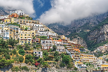 View from sea of low-rise buildings and cliffs along the coastline, Positano, Costiera Amalfitana (Amalfi Coast), UNESCO World Heritage Site, Campania, Italy, Europe