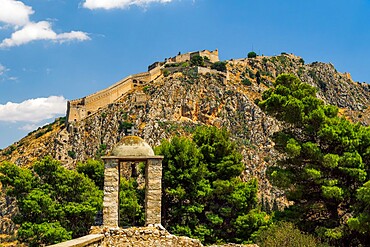 The 18th century Palamidi Fortress citadel with bastion on the hill, Nafplion, Peloponnese, Greece, Europe