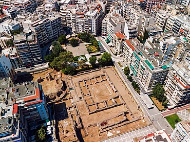 Drone view of Navarinou square with Roman ruins of the Palace of Galerius, Thessaloniki, Greece, Europe