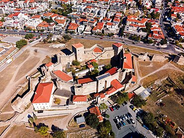 Thessaloniki, Greece drone view of Heptapyrgion Byzantine fortress with towers and bastions.