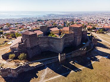 Thessaloniki, Greece drone view of Heptapyrgion Byzantine fortress with towers and bastions.