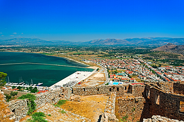 Historic town panoramic view, with traditional low-rise red tile roof buildings, Nafplion, Peloponnese, Greece, Europe