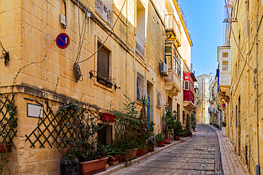 Traditional Maltese limestone buildings with coloured balconies in the vibrant alleys of the old city Birgu (Citta Vittoriosa), Malta, Mediterranean, Europe