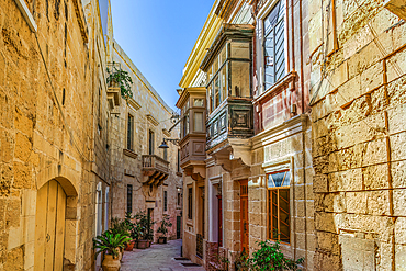 Traditional Maltese limestone buildings with coloured balconies in the vibrant alleys of the old city of Birgu (Citta Vittoriosa), Malta, Mediterranean, Europe