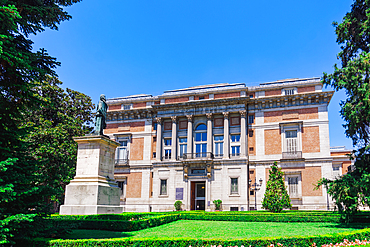 Puerta de Murillo, side entrance facade of The Prado Museum, with statue of artist Bartolome Esteban Murillo, Madrid, Spain, Europe