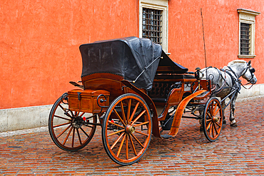 A rustic two-wheeled wooden carriage with suspensions, drawn by a horse on a cobblestone street, with its hood drawn close against the elements, Warsaw, Poland, Europe