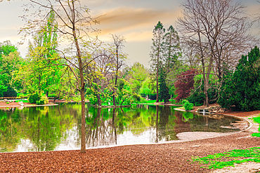 Landscape view of Stadpark, a large municipal 19th century public area with a lake in Vienna, Austria, Europe