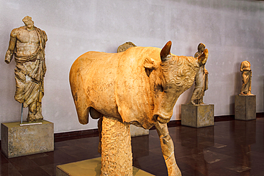 Exhibits on display inside the Archaeological Museum of Olympia, Peloponnese, Greece, Europe