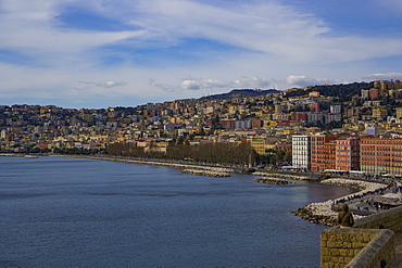 Promenade and city view, Villa Comunale park at the waterfront seen from Castel dell Ovo fortress at Napoli Gulf, Naples, Campania, Italy, Europe