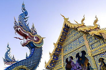 Front entrance of Wat Rong Suea Ten (Blue Temple) in Chiang Rai, Thailand, Southeast Asia, Asia