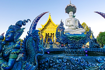 Fountain and front entrance of Wat Rong Suea Ten (Blue Temple) in Chiang Rai, Thailand, Southeast Asia, Asia