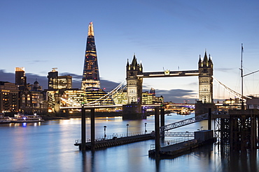 Tower Bridge and The Shard illuminated at dusk, London, England, United Kingdom, Europe