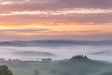 Podere Belvedere and mist at sunrise, San Quirico d'Orcia, Val d'Orcia, UNESCO World Heritage Site, Tuscany, Italy, Europe