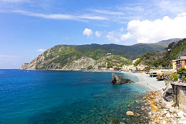 View of the beach at Monterosso on a sunny day with blue skies, Cinque Terre, UNESCO World Heritage Site, Liguria, Italy, Europe