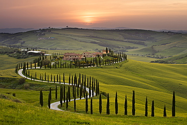 Sunset over the Agriturismo Baccoleno near Asciano in Tuscany, Italy, Europe