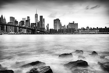 Brooklyn Bridge and Lower Manhattan skyline taken from Pebble Beach, New York City, New York, United States of America, North America