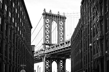 Manhattan Bridge with the Empire State Building through the Arches, New York City, New York, United States of America, North America