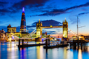 Tower Bridge and The Shard at sunset, London, England, United Kingdom, Europe