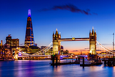 Tower Bridge and The Shard at sunset, London, England, United Kingdom, Europe