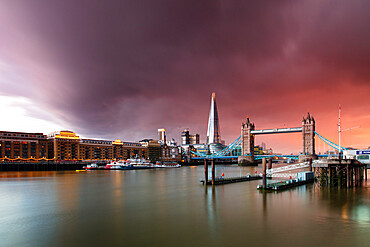 Tower Bridge and The Shard at sunset with storm clouds, London, England, United Kingdom, Europe