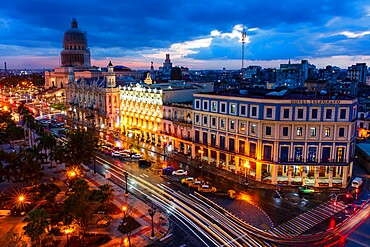 Dusk view of El Capitolio building, Parque Central and buildings, Havana, Cuba, West Indies, Central America